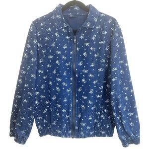 Vintage 90s Denim Zip Up Jacket Novelty Print Women's L Cottagecore Grandma Chic